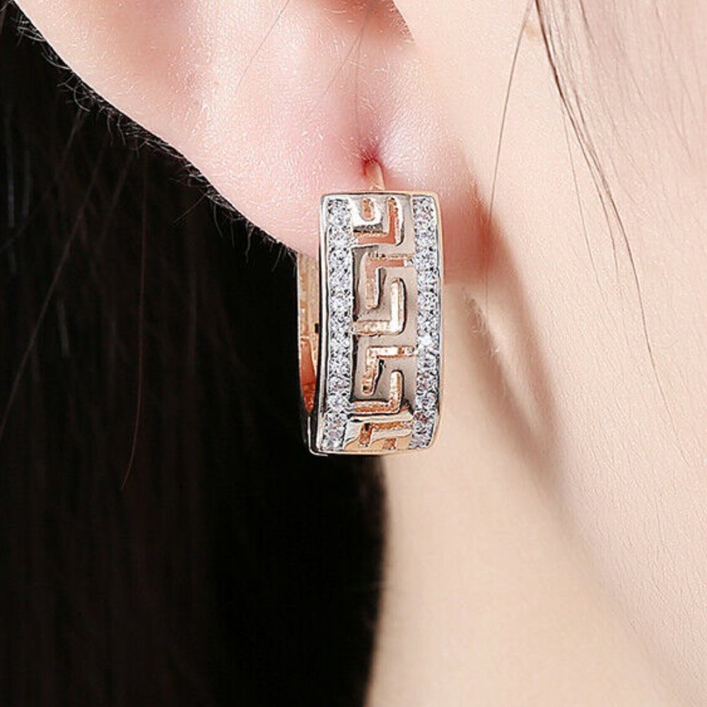 earrings huggie gold-plated Greek key crystals